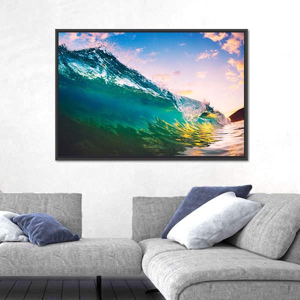 Ocean Wave At Sunset Canvas Wall Art-3 Horizontal-Gallery Wrap-37" x 24"-Tiaracle