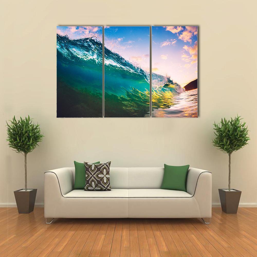 Ocean Wave At Sunset Canvas Wall Art-3 Horizontal-Gallery Wrap-37" x 24"-Tiaracle