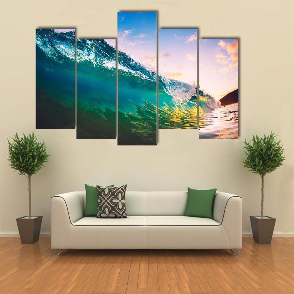 Ocean Wave At Sunset Canvas Wall Art-5 Pop-Gallery Wrap-47" x 32"-Tiaracle
