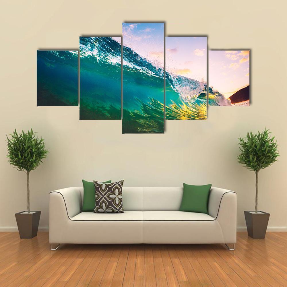 Ocean Wave At Sunset Canvas Wall Art-5 Star-Gallery Wrap-62" x 32"-Tiaracle