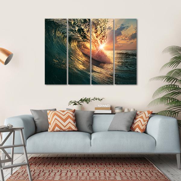 Ocean Wave At Sunset Time Canvas Wall Art-4 Horizontal-Gallery Wrap-34" x 24"-Tiaracle