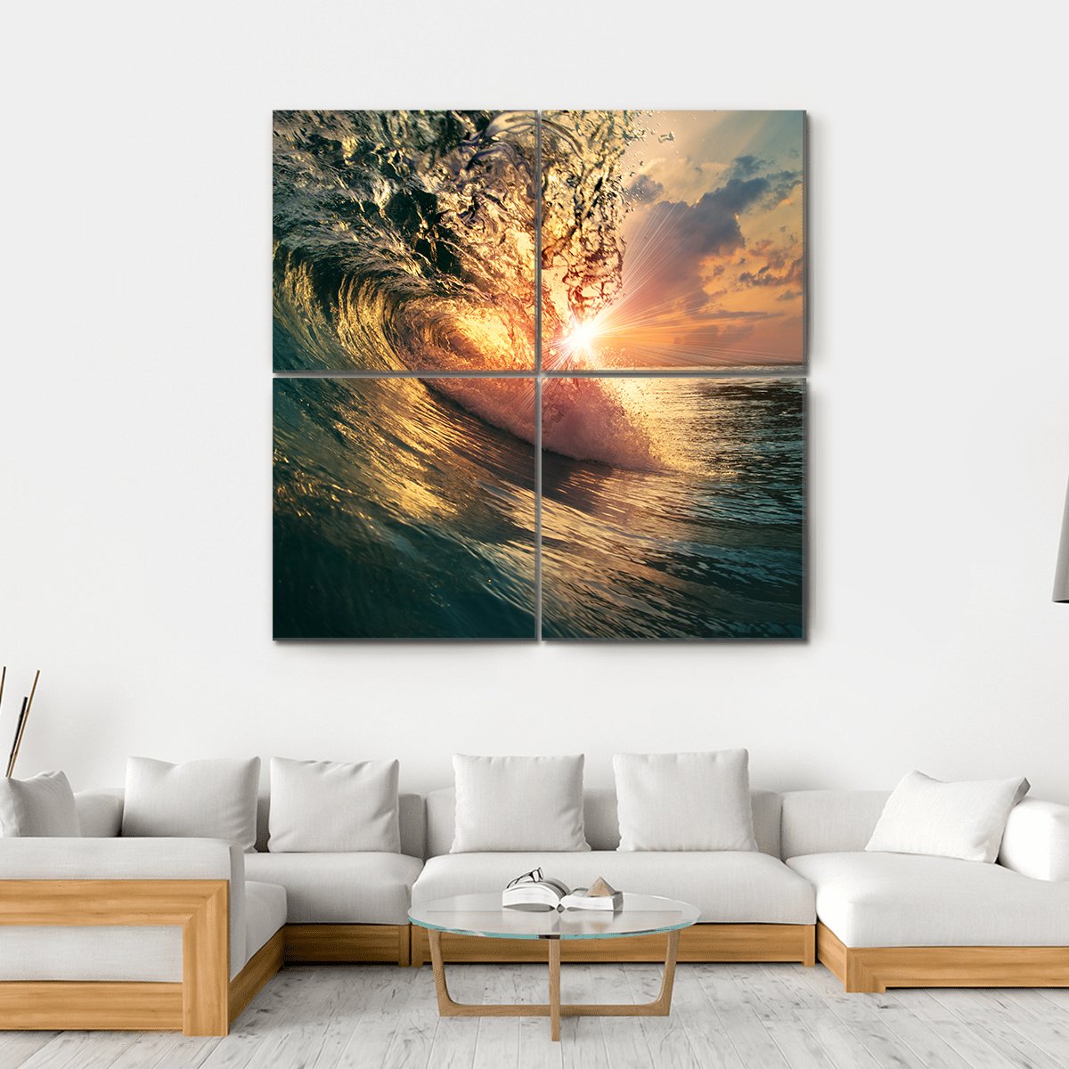 Ocean Wave At Sunset Time Canvas Wall Art-4 Square-Gallery Wrap-17" x 17"-Tiaracle