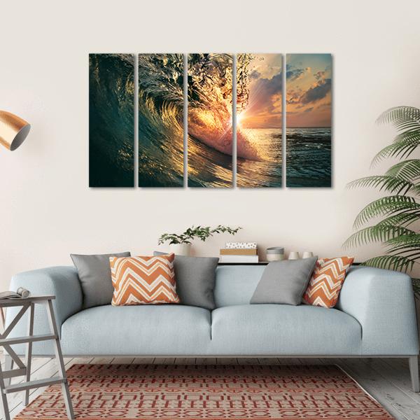 Ocean Wave At Sunset Time Canvas Wall Art-5 Horizontal-Gallery Wrap-22" x 12"-Tiaracle
