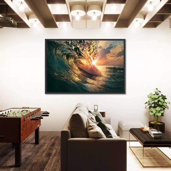 Ocean Wave At Sunset Time Canvas Wall Art-3 Horizontal-Gallery Wrap-25" x 16"-Tiaracle