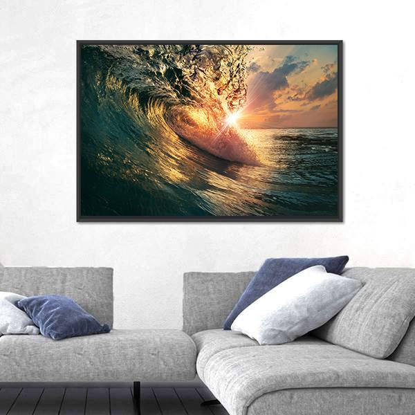 Ocean Wave At Sunset Time Canvas Wall Art-3 Horizontal-Gallery Wrap-25" x 16"-Tiaracle