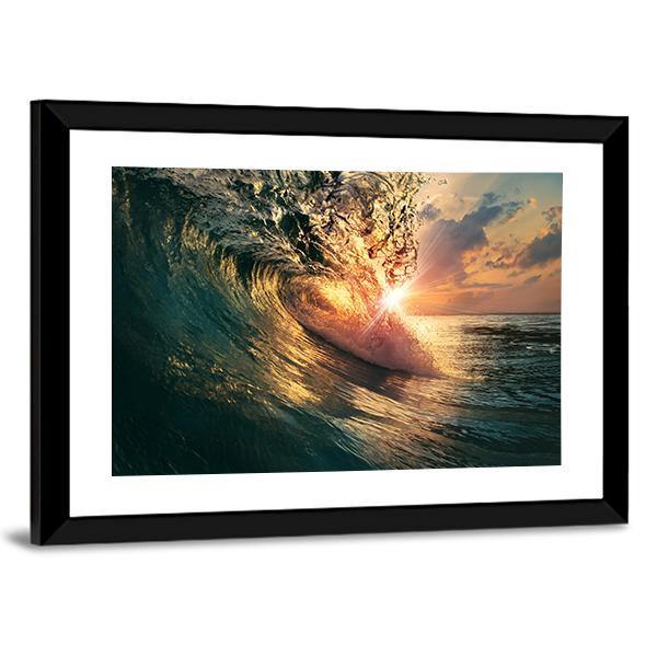 Ocean Wave At Sunset Time Canvas Wall Art-3 Horizontal-Gallery Wrap-25" x 16"-Tiaracle