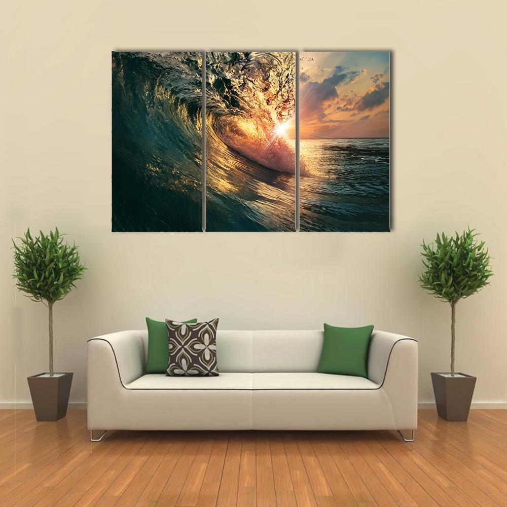 Ocean Wave At Sunset Time Canvas Wall Art-3 Horizontal-Gallery Wrap-37" x 24"-Tiaracle