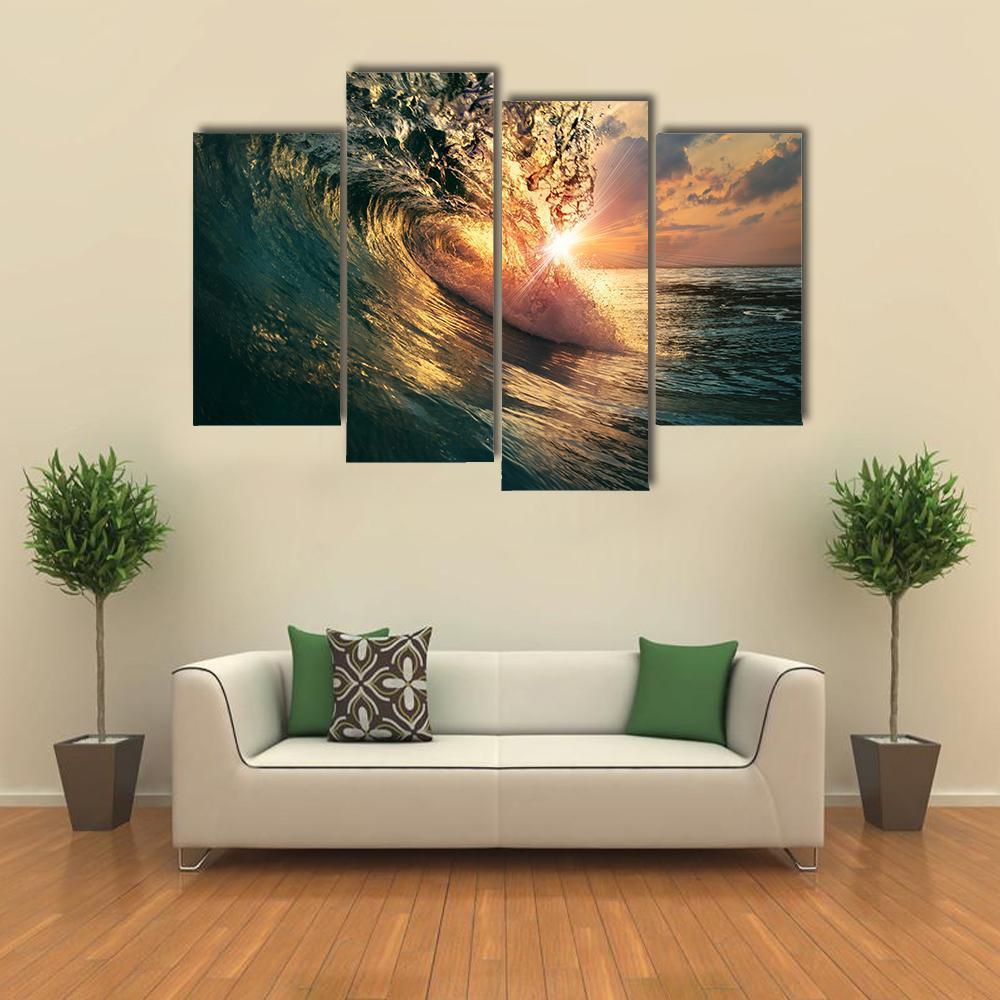 Ocean Wave At Sunset Time Canvas Wall Art-4 Pop-Gallery Wrap-50" x 32"-Tiaracle