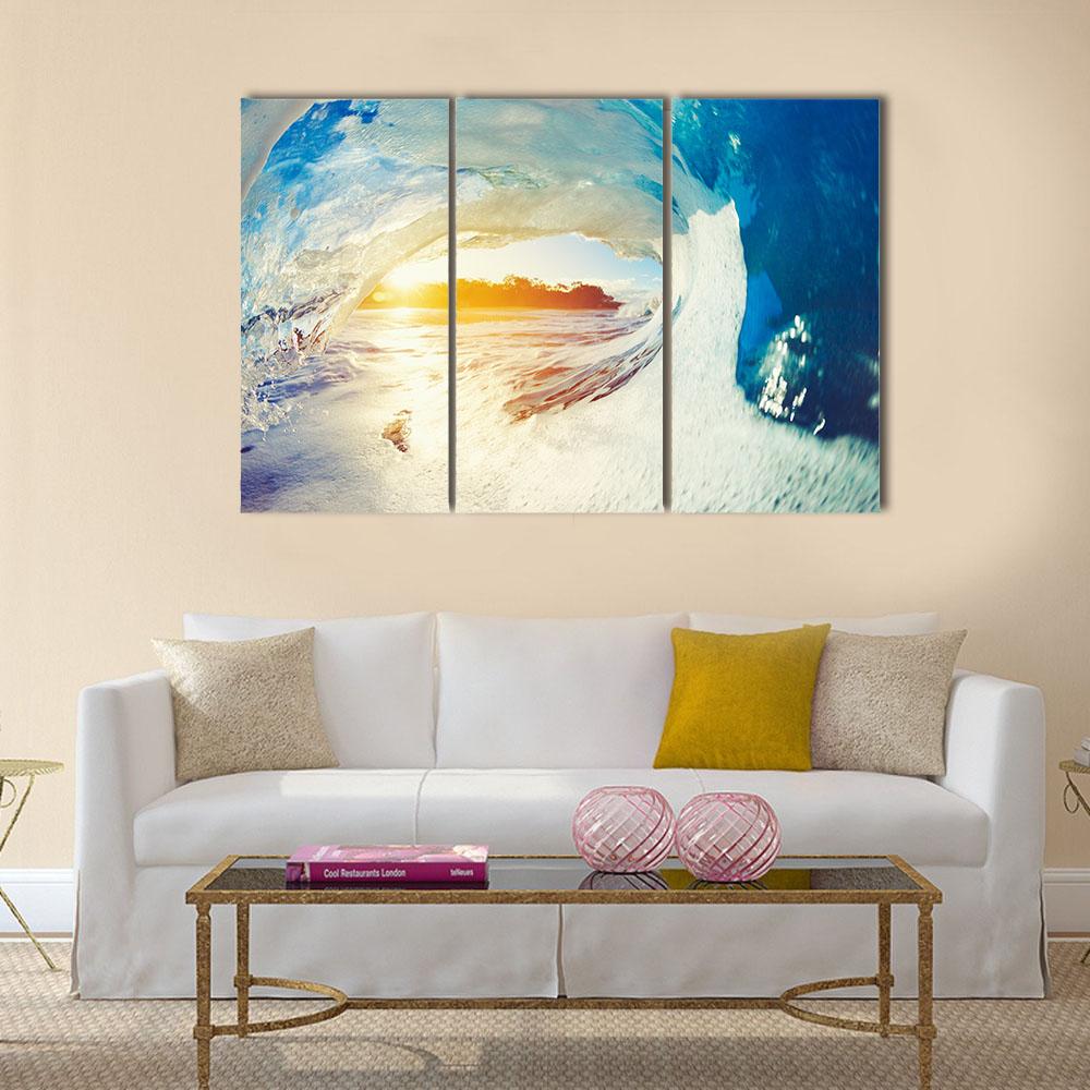 Ocean Wave Crashing At Sunrise Canvas Wall Art-3 Horizontal-Gallery Wrap-25" x 16"-Tiaracle