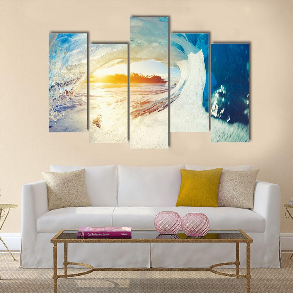 Ocean Wave Crashing At Sunrise Canvas Wall Art-5 Pop-Gallery Wrap-32" x 21"-Tiaracle