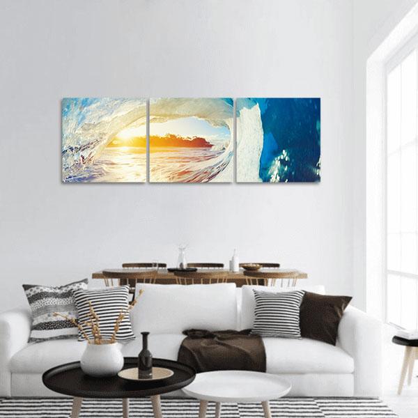 Ocean Wave Crashing At Sunrise Panoramic Canvas Wall Art-3 Piece-25" x 08"-Tiaracle