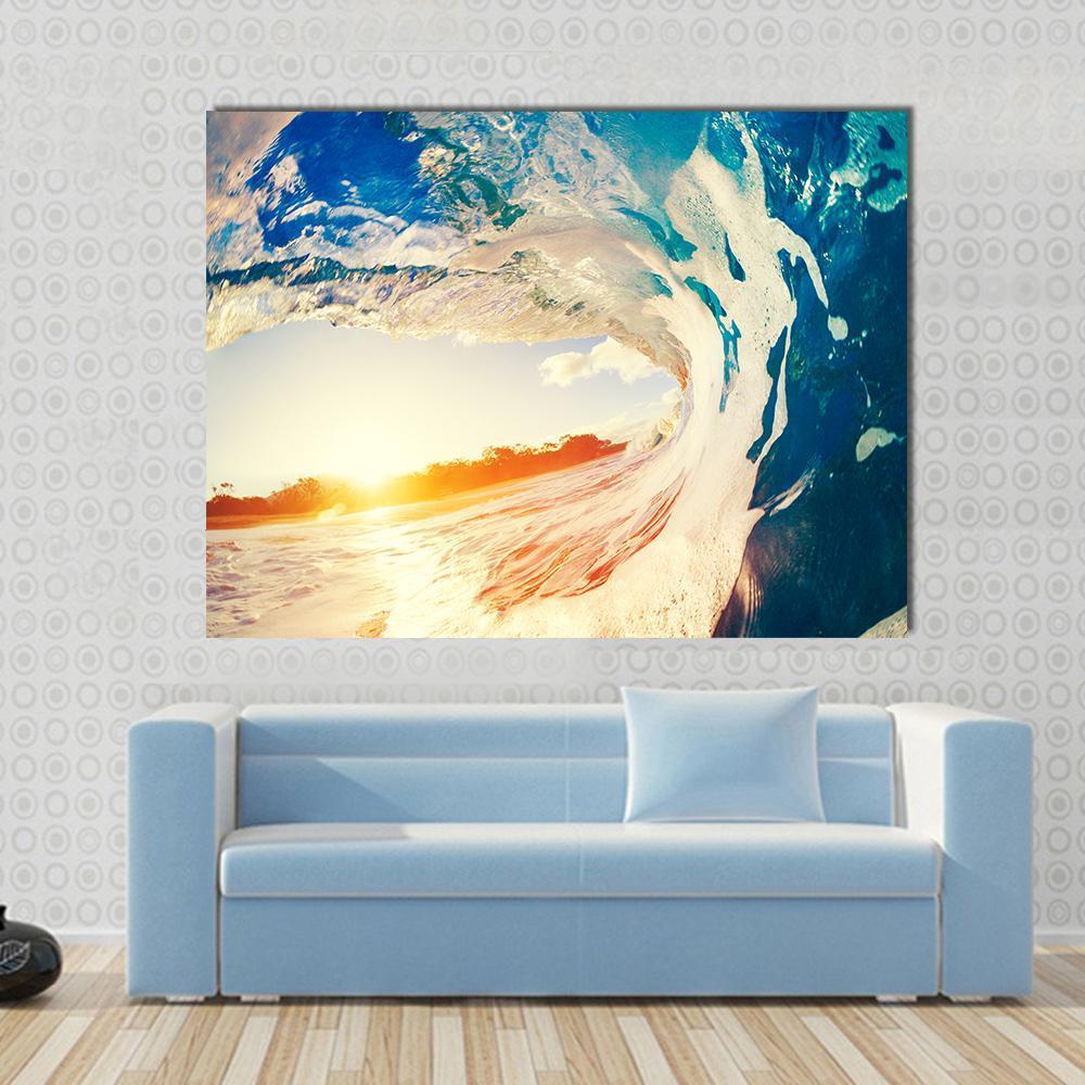 Ocean Wave Crashing At Sunset Canvas Wall Art-1 Piece-Gallery Wrap-48" x 32"-Tiaracle