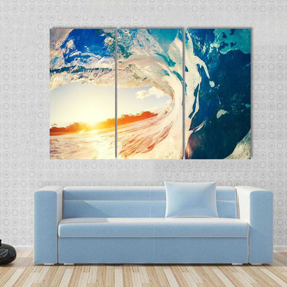 Ocean Wave Crashing At Sunset Canvas Wall Art-3 Horizontal-Gallery Wrap-37" x 24"-Tiaracle