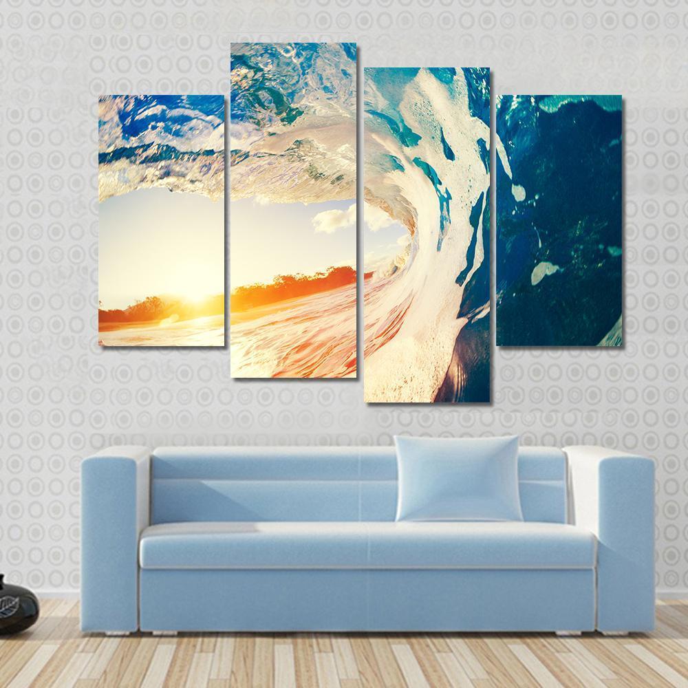 Ocean Wave Crashing At Sunset Canvas Wall Art-4 Pop-Gallery Wrap-50" x 32"-Tiaracle