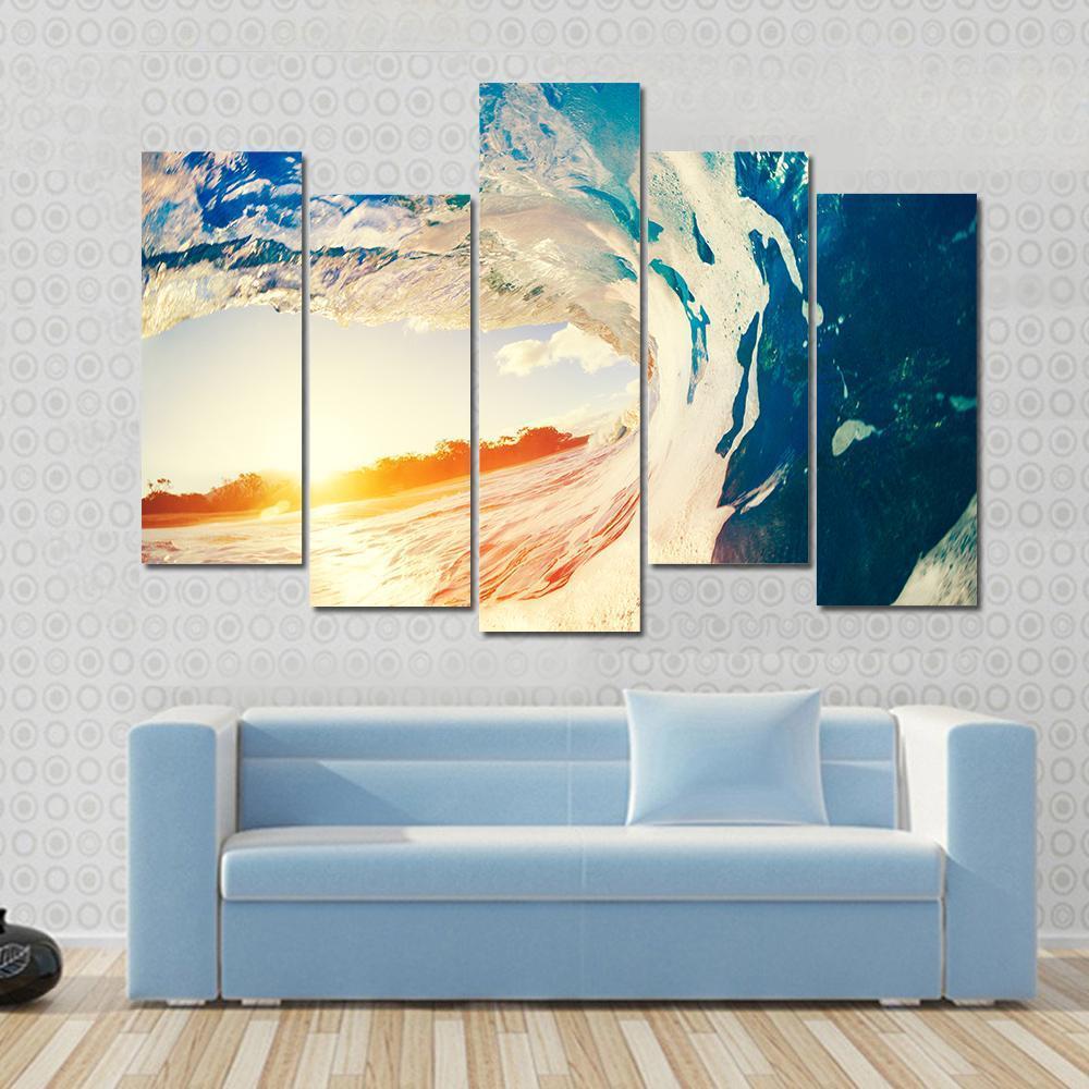 Ocean Wave Crashing At Sunset Canvas Wall Art-5 Pop-Gallery Wrap-47" x 32"-Tiaracle