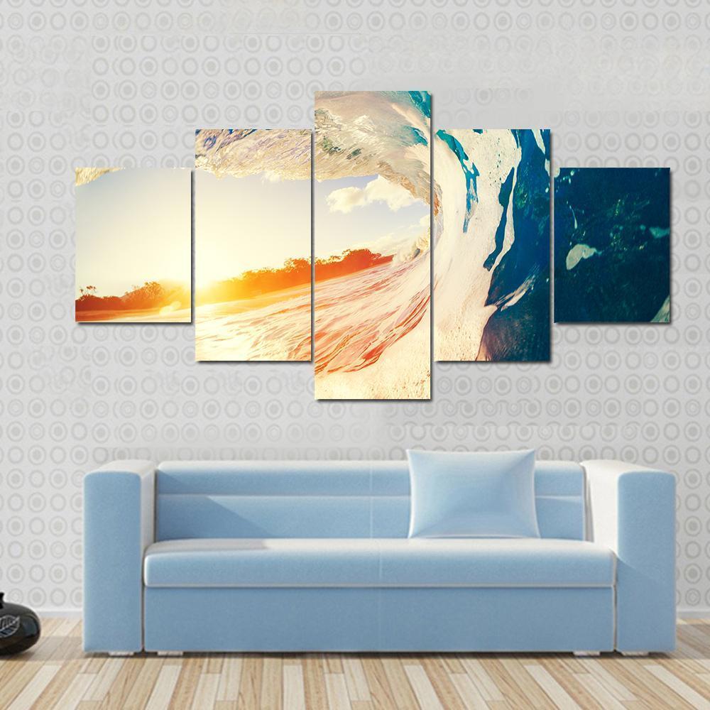 Ocean Wave Crashing At Sunset Canvas Wall Art-5 Star-Gallery Wrap-62" x 32"-Tiaracle