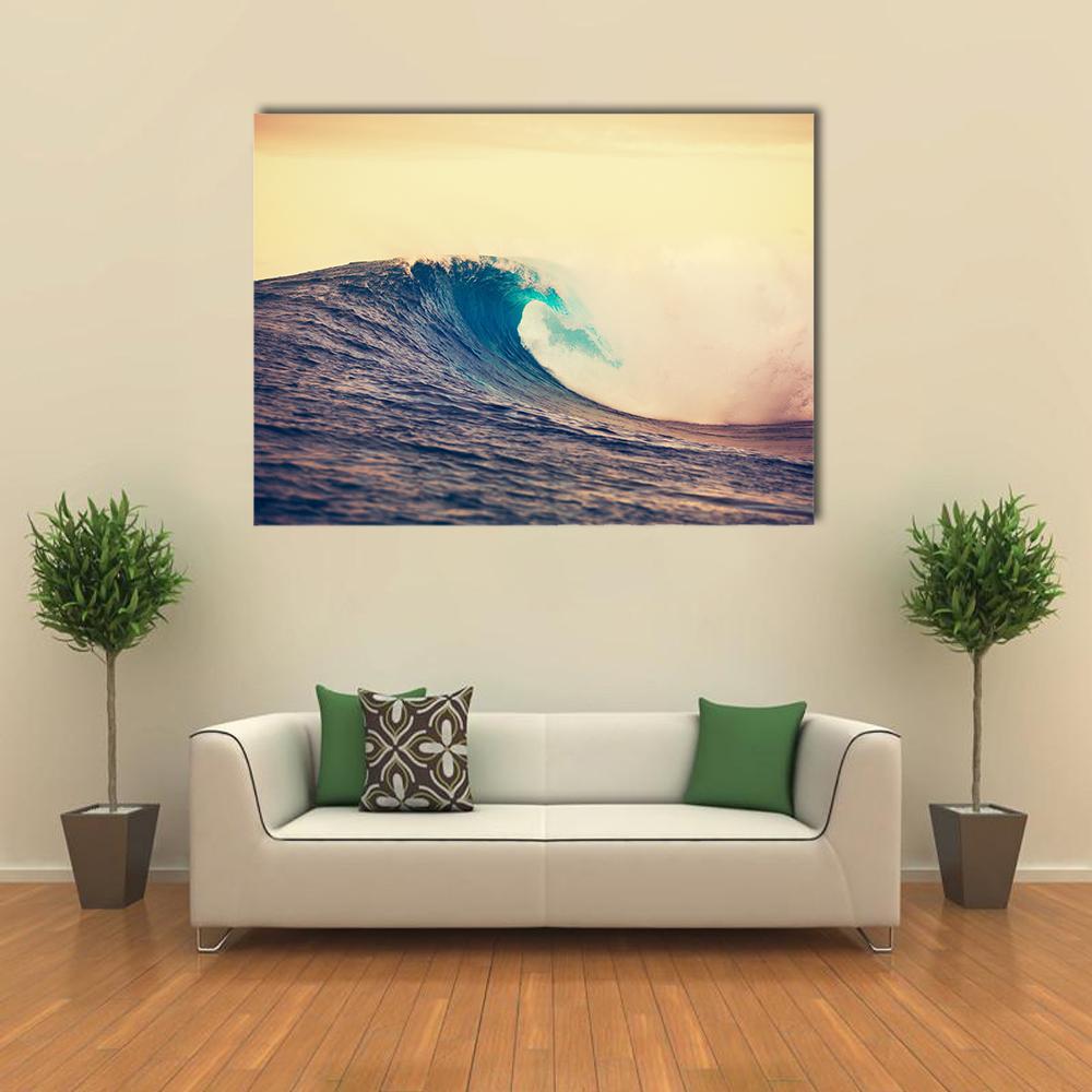 Cresting Ocean Wave with White Foam Canvas Wall Art in white, beige and blue, single panel hung on a wall