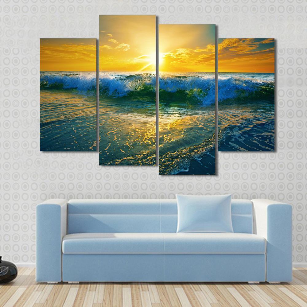 Ocean Waves At Sunrise Canvas Wall Art-4 Pop-Gallery Wrap-50&quot; x 32&quot;-Tiaracle