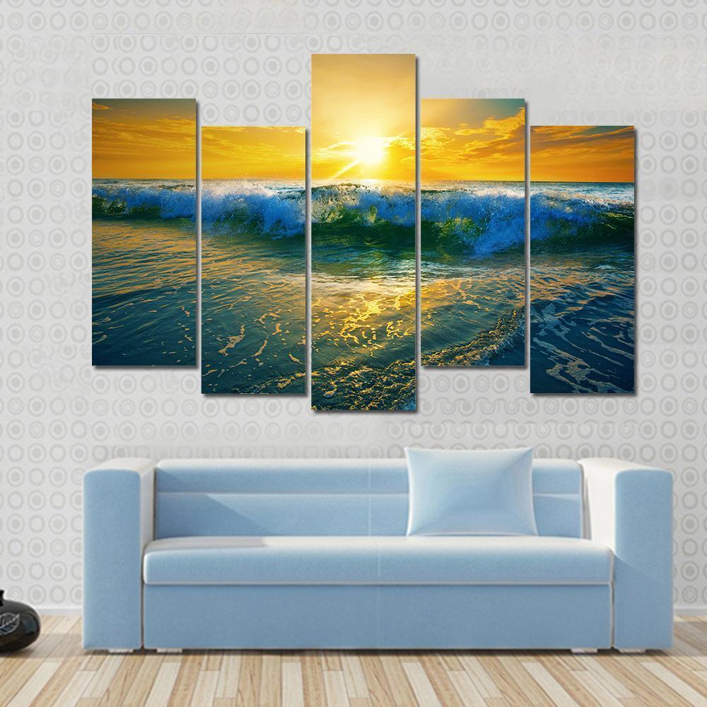 Ocean Waves At Sunrise Canvas Wall Art-5 Pop-Gallery Wrap-47&quot; x 32&quot;-Tiaracle