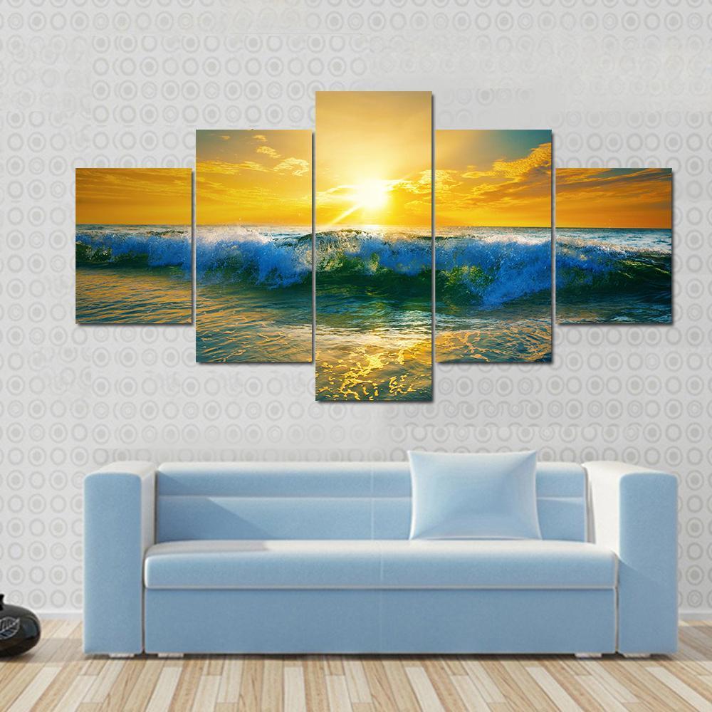 Ocean Waves At Sunrise Canvas Wall Art-5 Star-Gallery Wrap-62&quot; x 32&quot;-Tiaracle