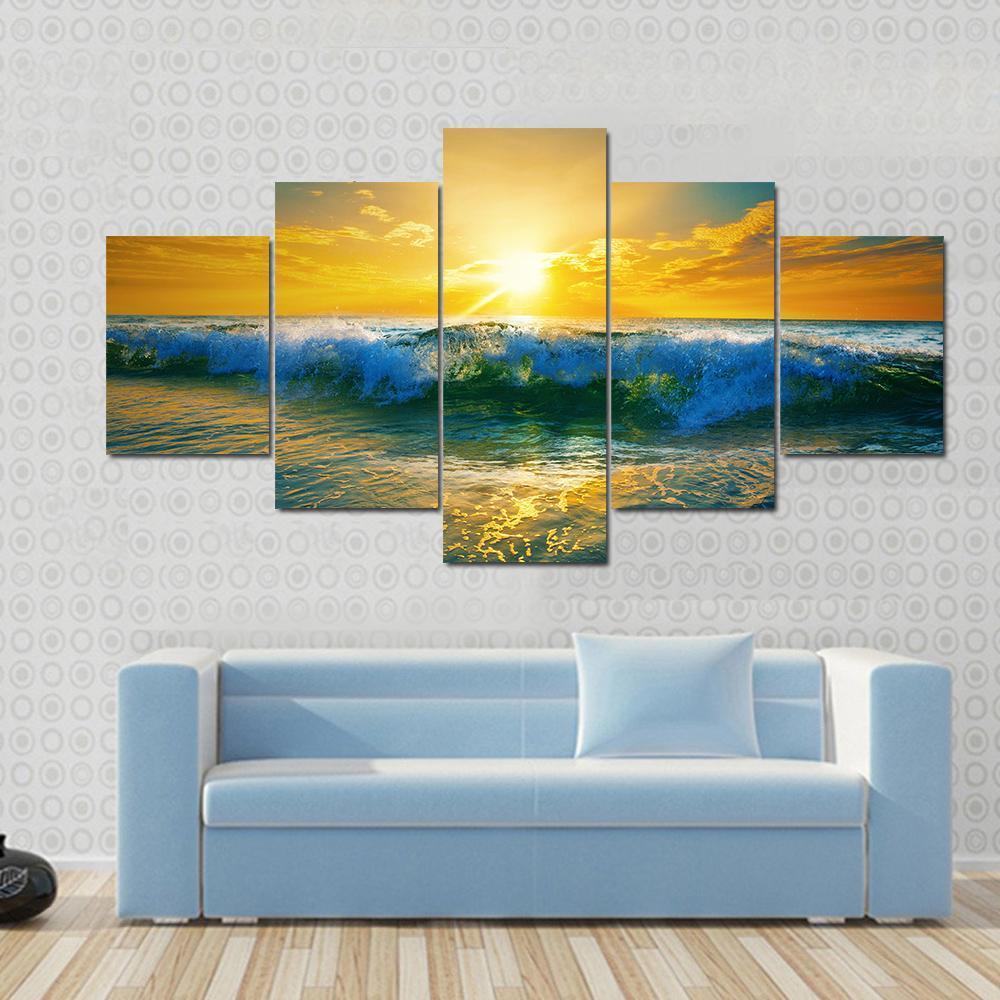 Ocean Waves At Sunrise Canvas Wall Art-4 Pop-Gallery Wrap-50" x 32"-Tiaracle