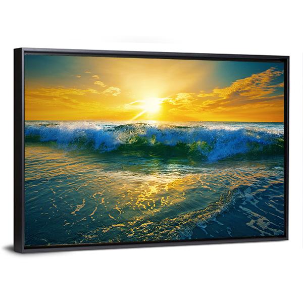 Ocean Waves At Sunrise Canvas Wall Art-3 Horizontal-Gallery Wrap-25" x 16"-Tiaracle
