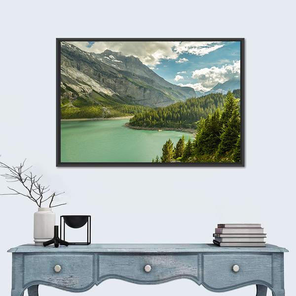Oeschinen Lake In Swiss Alps Canvas Wall Art-1 Piece-Floating Frame-24" x 16"-Tiaracle