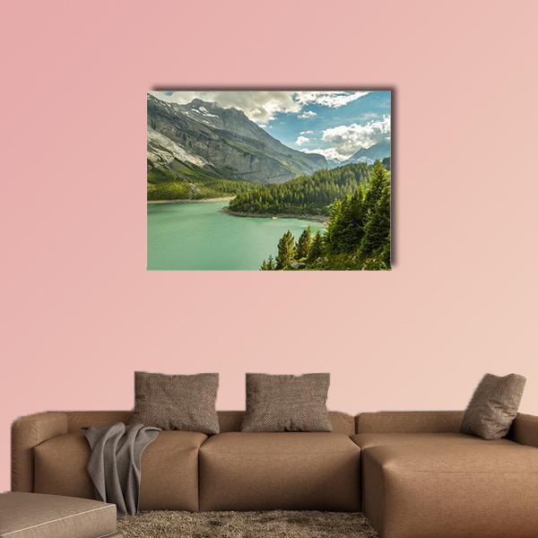 Oeschinen Lake, Swiss Alps Canvas Wall Art in gray, green and blue, single panel hung on a wall