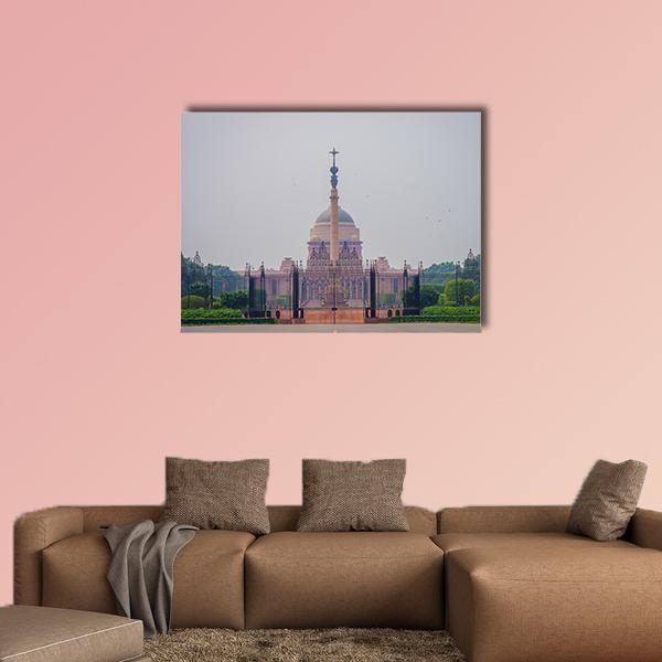 Rashtrapati Bhavan India Canvas Wall Art in gray, beige and green, single panel hung on a wall
