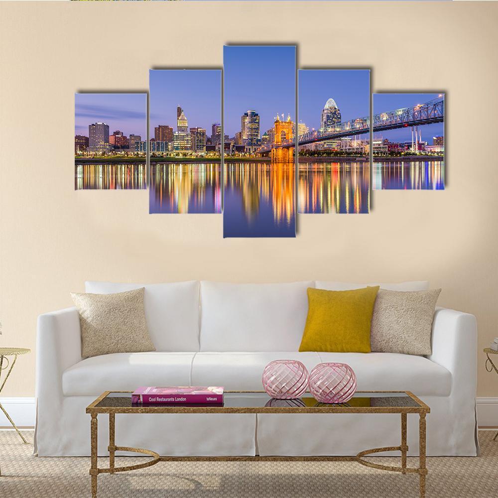 Ohio Skyline On River Canvas Wall Art-5 Star-Gallery Wrap-62" x 32"-Tiaracle