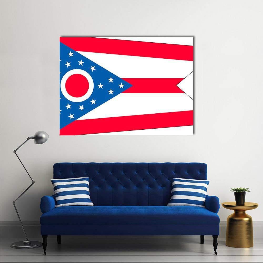 Ohio State Flag Canvas Wall Art in white, red and blue, single panel hung on a wall