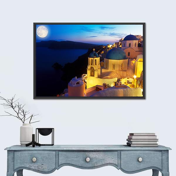 Oia Village At Night Canvas Wall Art-1 Piece-Floating Frame-24" x 16"-Tiaracle