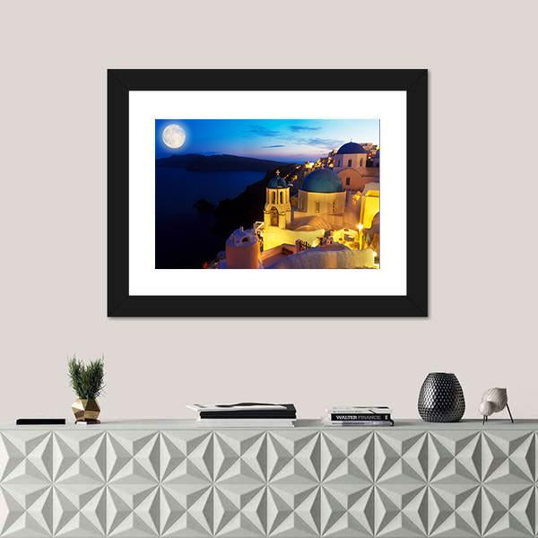 Oia Village At Night Canvas Wall Art-1 Piece-Framed Print-20" x 16"-Tiaracle