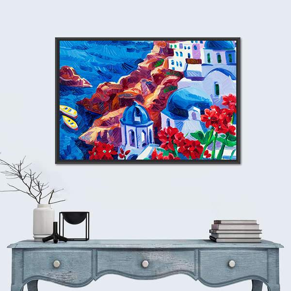 Oia village At Santorini Island Canvas Wall Art-1 Piece-Floating Frame-24" x 16"-Tiaracle