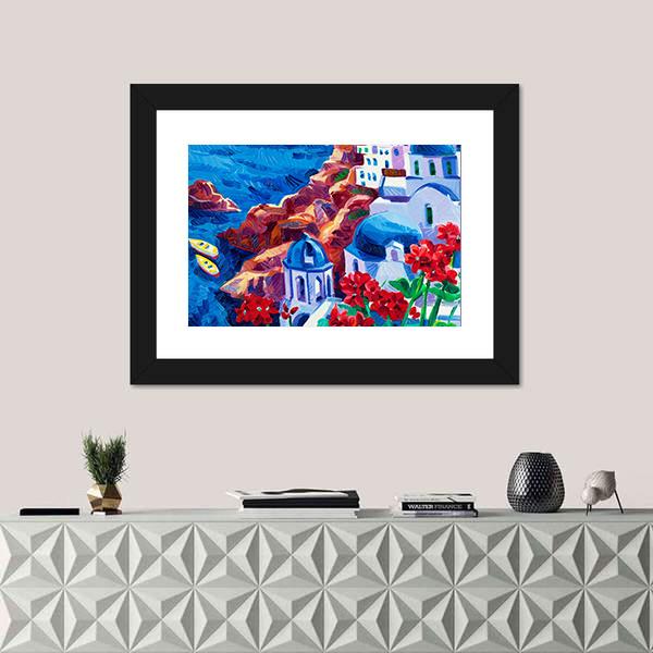 Oia village At Santorini Island Canvas Wall Art-1 Piece-Framed Print-20" x 16"-Tiaracle