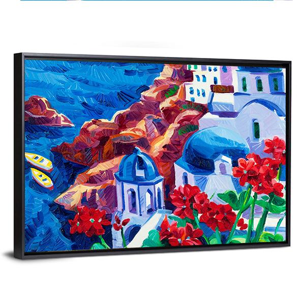 Oia village At Santorini Island Canvas Wall Art-3 Horizontal-Gallery Wrap-25" x 16"-Tiaracle