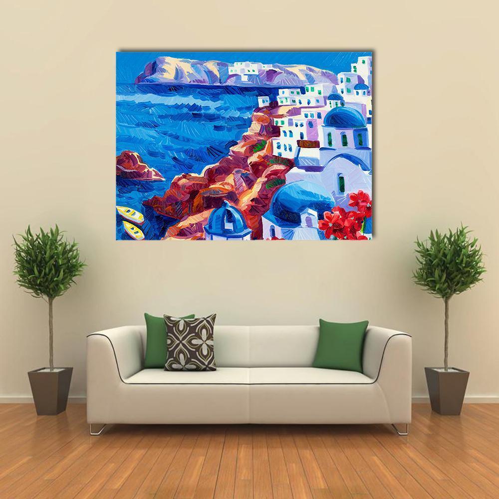 Oia Village on Santorini Island Canvas Wall Art in white and blue, single panel hung on a wall