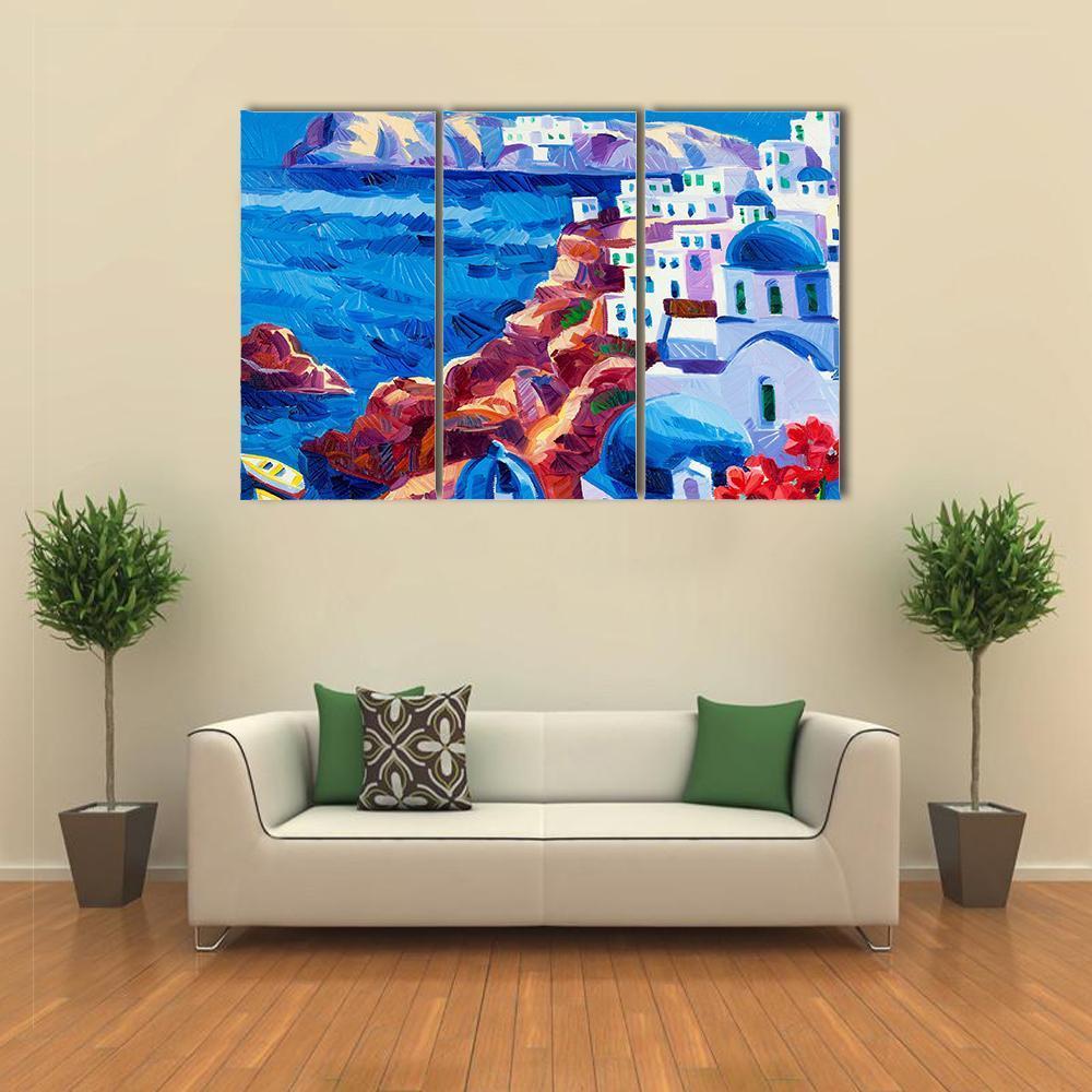 Oia village At Santorini Island Canvas Wall Art-3 Horizontal-Gallery Wrap-37" x 24"-Tiaracle