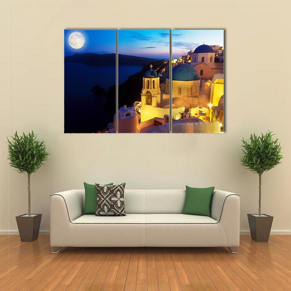 Oia Village At Night Canvas Wall Art-3 Horizontal-Gallery Wrap-37" x 24"-Tiaracle