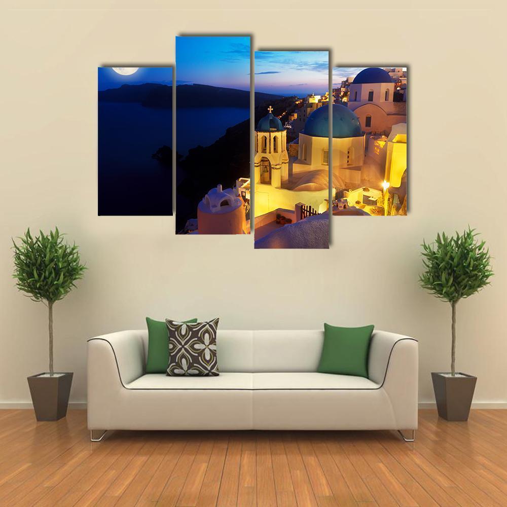 Oia Village At Night Canvas Wall Art-4 Pop-Gallery Wrap-50" x 32"-Tiaracle