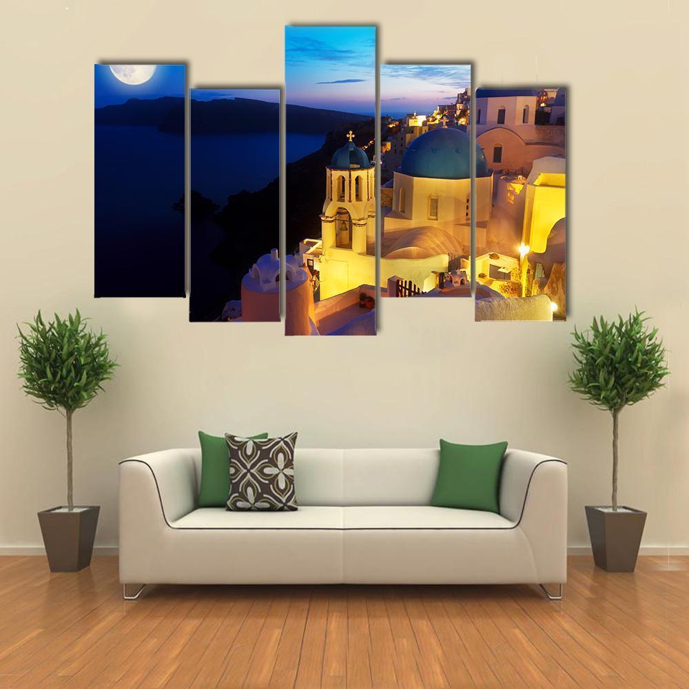 Oia Village At Night Canvas Wall Art-5 Pop-Gallery Wrap-47" x 32"-Tiaracle