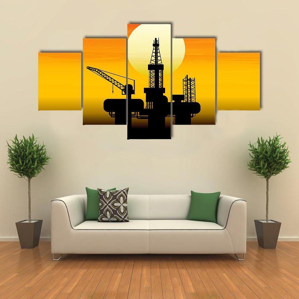 Oil Derrick In Sea Canvas Wall Art-5 Star-Gallery Wrap-62" x 32"-Tiaracle