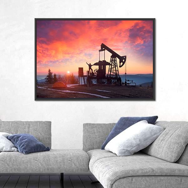 Oil Pumpjack at Sunset Canvas Wall Art in black, orange and pink, framed canvas, product view on a white background
