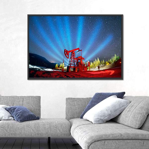 Oil Pump Beneath Aurora Borealis Canvas Wall Art in black, red and blue, framed canvas, product view on a white background