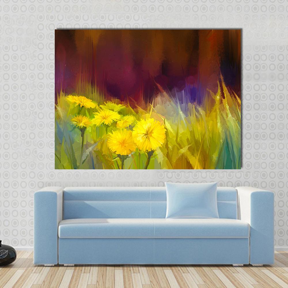 Nature Grass Flowers Abstract Canvas Wall Art in brown, yellow and green, single panel hung on a wall
