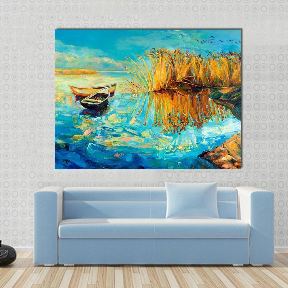 Oil Painting Of Boats Canvas Wall Art-1 Piece-Gallery Wrap-48&quot; x 32&quot;-Tiaracle