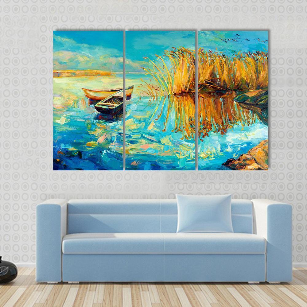 Oil Painting Of Boats Canvas Wall Art-3 Horizontal-Gallery Wrap-37" x 24"-Tiaracle