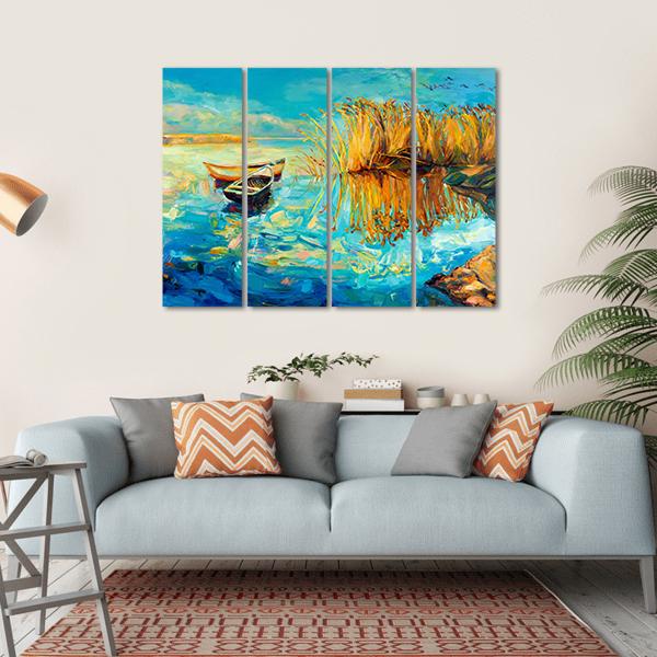 Oil Painting Of Boats Canvas Wall Art-4 Horizontal-Gallery Wrap-34" x 24"-Tiaracle