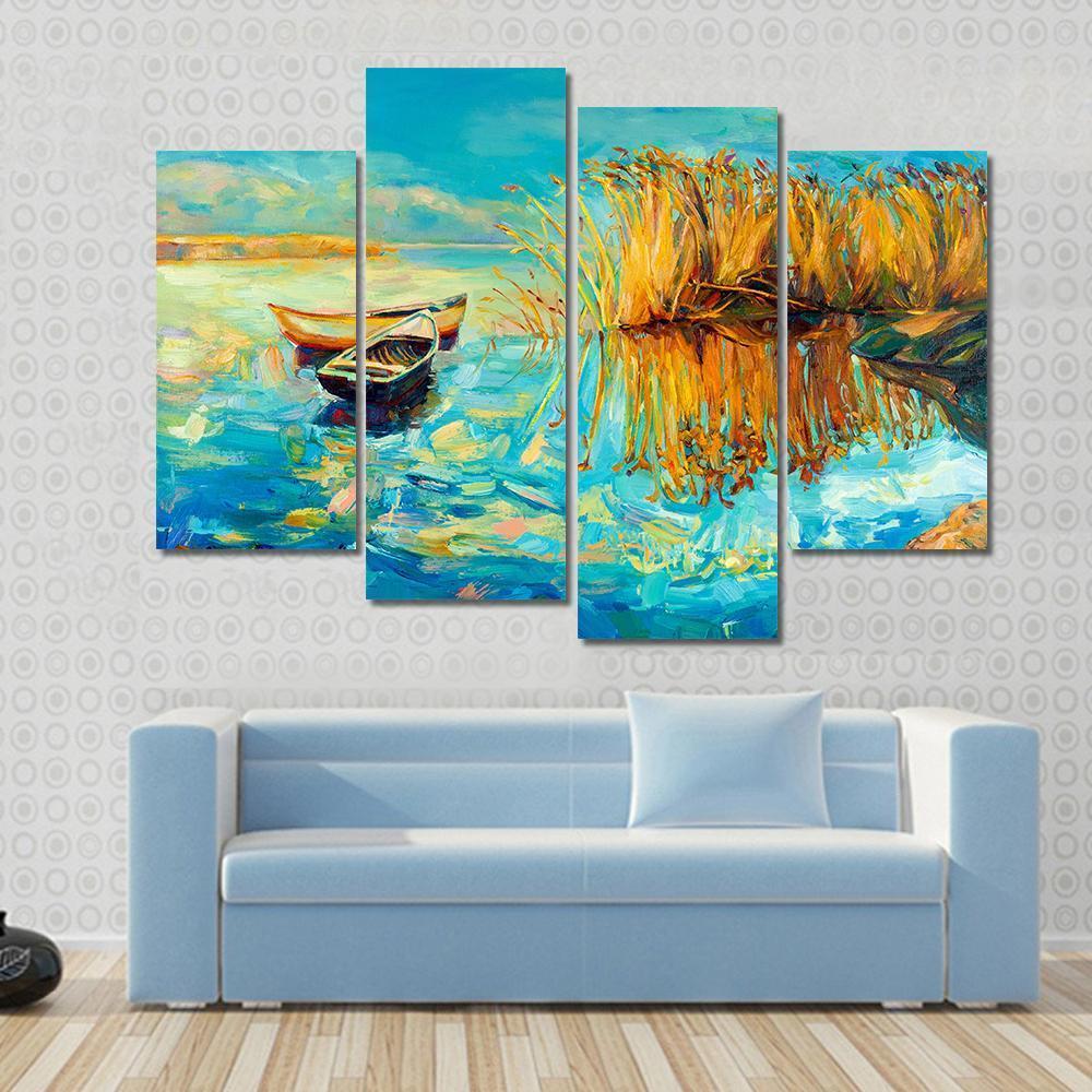 Oil Painting Of Boats Canvas Wall Art-4 Pop-Gallery Wrap-50" x 32"-Tiaracle