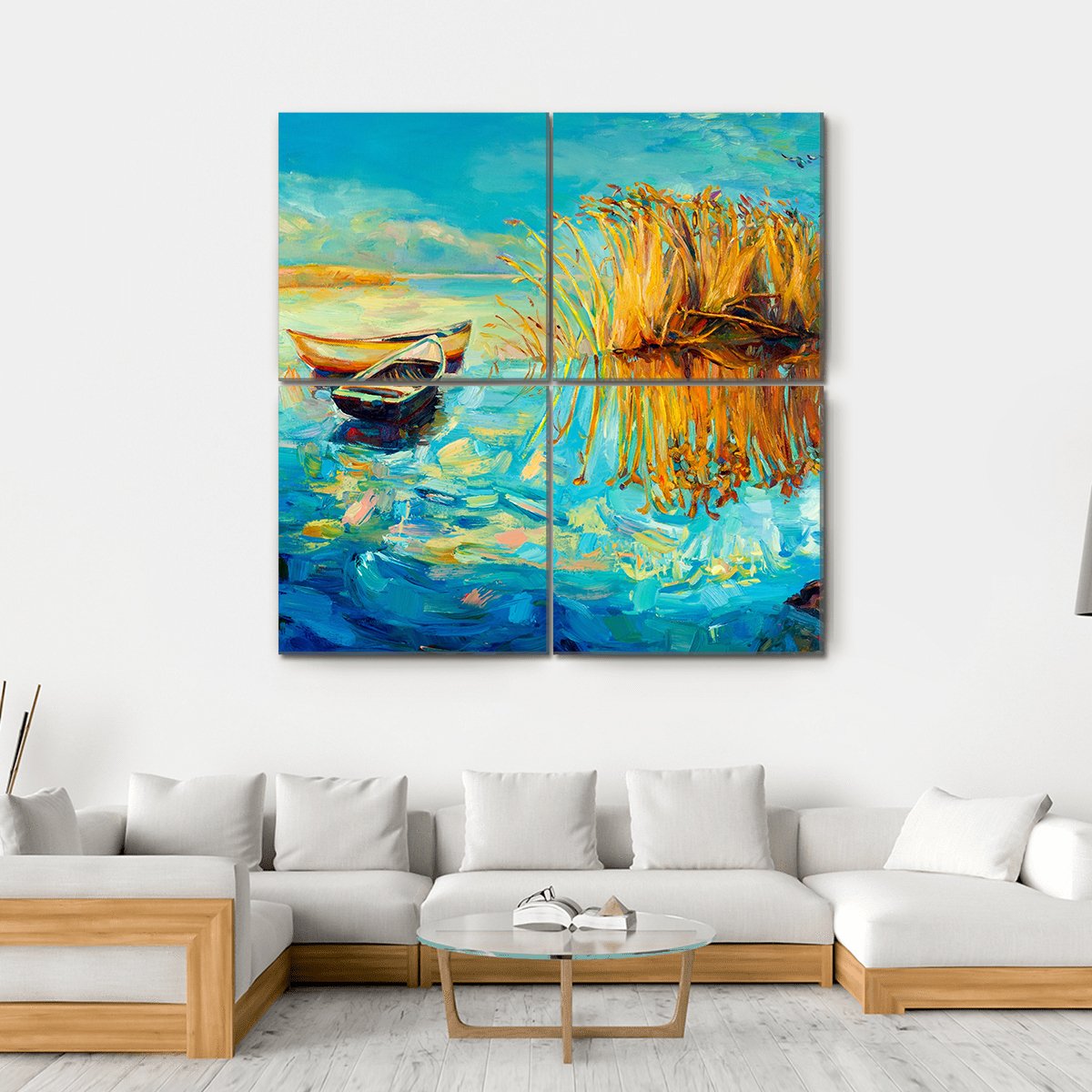 Oil Painting Of Boats Canvas Wall Art-4 Square-Gallery Wrap-17" x 17"-Tiaracle